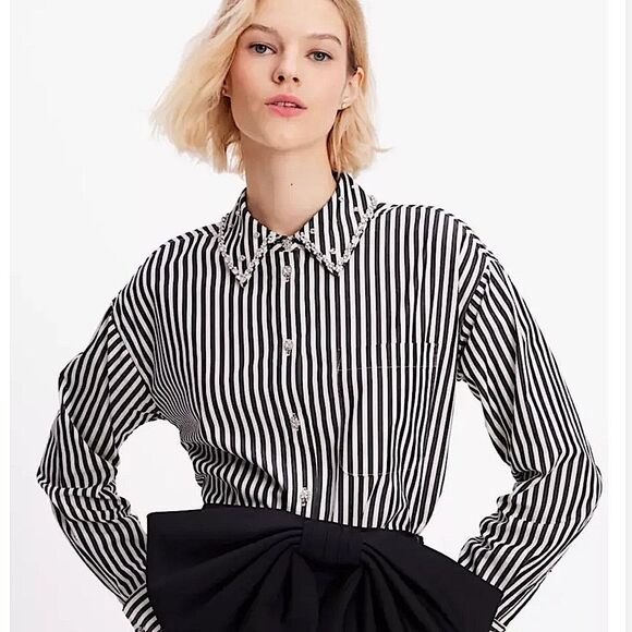 kate spade Acrobat Stripe Black and White Embellished Womens Shirt Size L - Picture 3 of 13